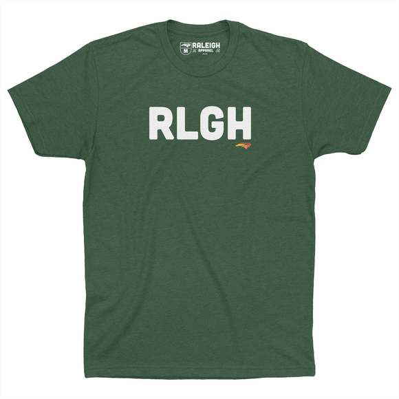 Forest green colored t-shirt, spelling out RLGH in white font with small red Raleigh Apparel logo.
