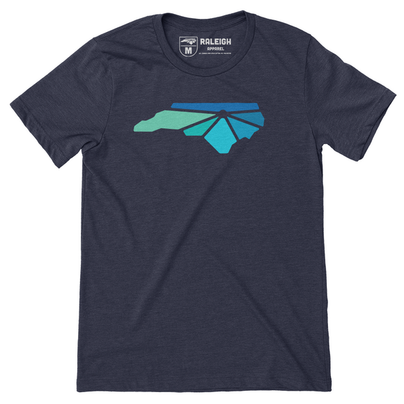 Midnight navy colored t-shirt with Raleigh Apparel logo on chest in cool colors.