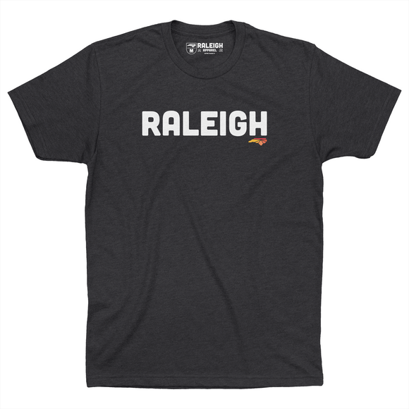 Charcoal colored t-shirt that says Raleigh in white capital letters across the chest.