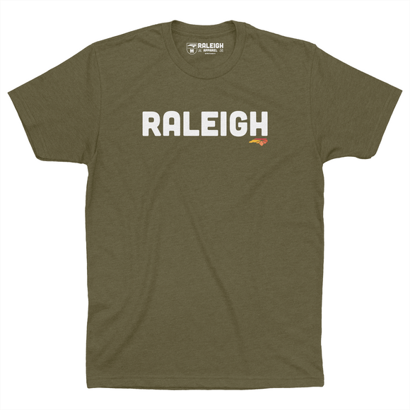 Military green t-shirt that says Raleigh in white capital letters across the chest.