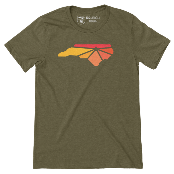Military green colored t-shirt with Raleigh Apparel logo on chest in warm colors.