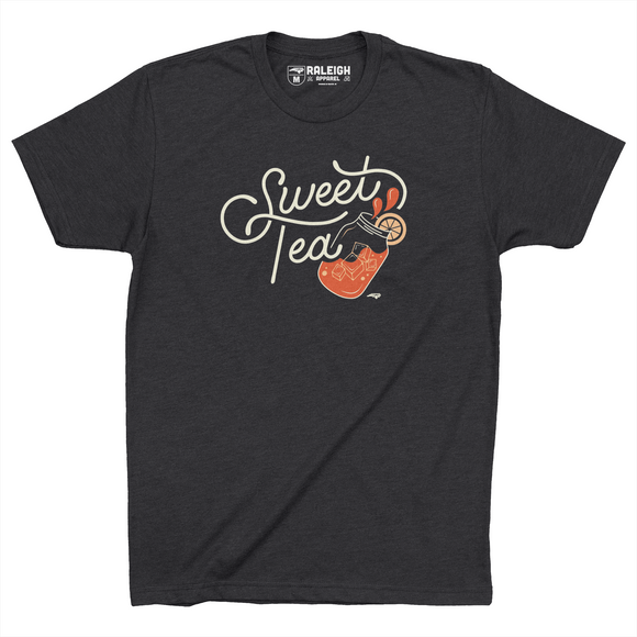 Charcoal colored t-shirt with the words Sweet Tea in white with mason jar half filled with ice and splash of tea and lemon on rim of glass