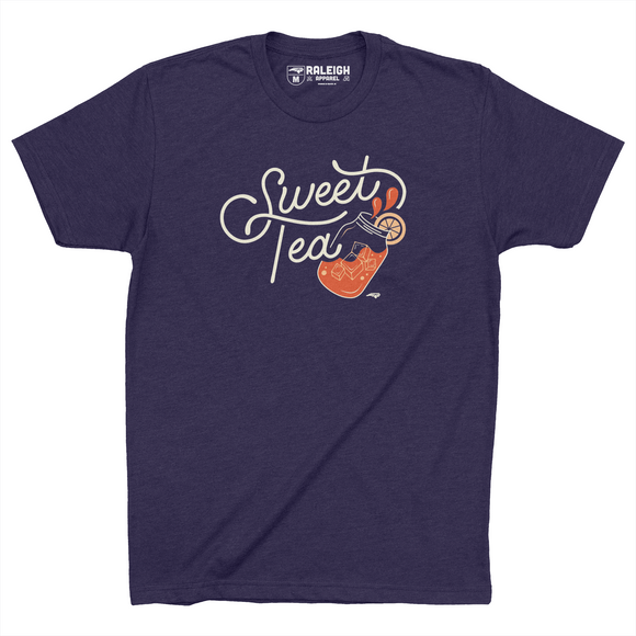 Storm blue colored t-shirt with the words Sweet Tea in white with mason jar half filled with ice and splash of tea and lemon on rim of glass