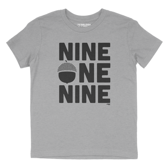 Youth t-shirt in Heather gray color that says nine one nine across the chest in large black print. An acorn has replaced the O in one.