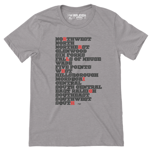 Dark Heather gray t-shirt listing different neighborhoods in Raleigh in black print.