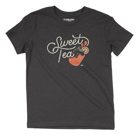 Dark heather gray youth t-shirt with the words Sweet Tea in white with mason jar half filled with ice and splash of tea and lemon on rim of glass.