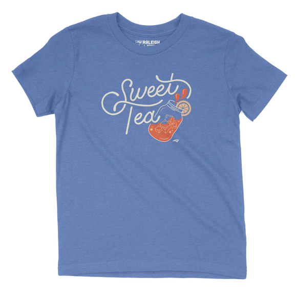 Columbia blue youth t-shirt with the words Sweet Tea in white with mason jar half filled with ice and splash of tea and lemon on rim of glass.