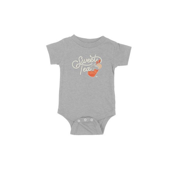 Gray onesie with the words Sweet Tea in white with mason jar half filled with ice and splash of tea and lemon on rim of glass.
