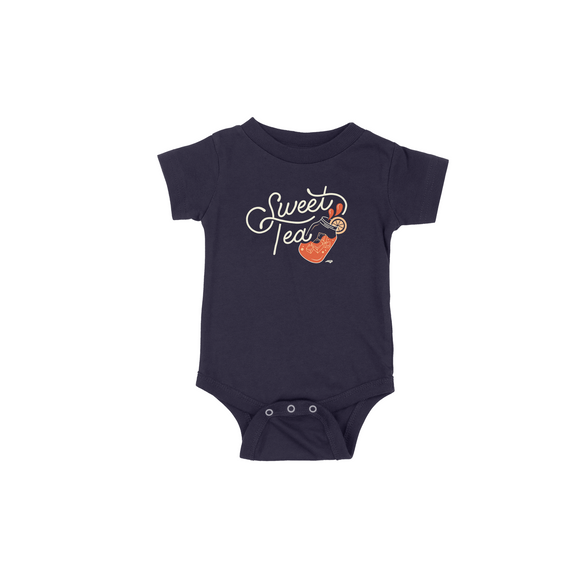 Navy onesie with the words Sweet Tea in white with mason jar half filled with ice and splash of tea and lemon on rim of glass.