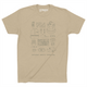 Cream colored t-shirt with different hiking accessories such as boots, backpack, topo map, binoculars, sunglasses and more, drawn in black print.  Bottom of the shirt says Explore North Carolina. 