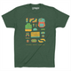 Forest green t-shirt with different hiking accessories such as boots, backpack, topo map, binoculars, sunglasses and more, in bright colors.  Bottom of the shirt says Explore North Carolina in yellow. 