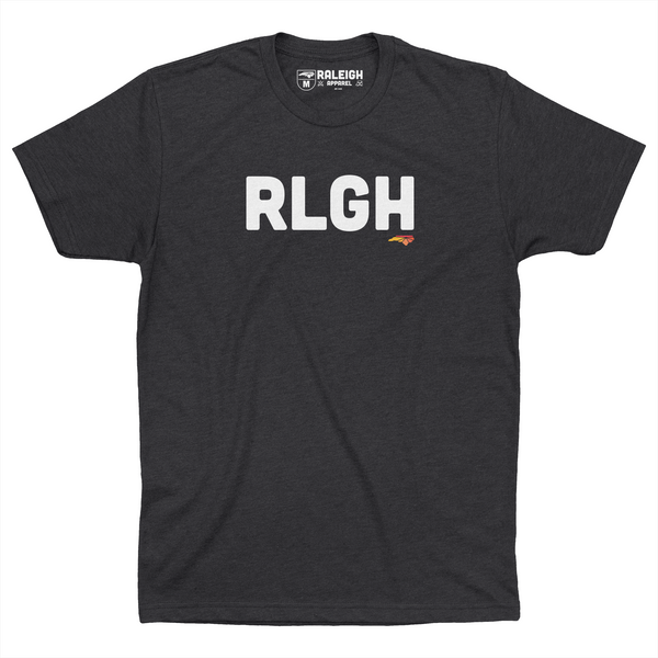 Charcoal colored t-shirt, spelling out RLGH in white font with small red Raleigh Apparel logo. 