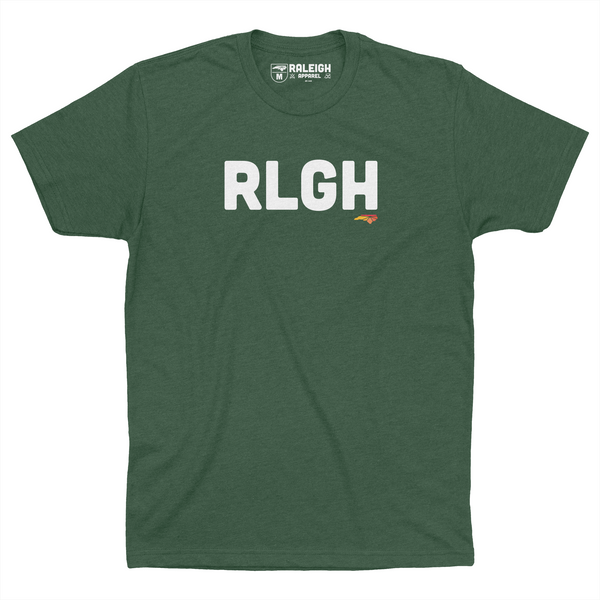 Forest green colored t-shirt, spelling out RLGH in white font with small red Raleigh Apparel logo. 