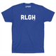 Royal blue colored t-shirt, spelling out RLGH in white font with small red Raleigh Apparel logo. 