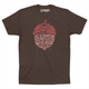 Espresso colored t-shirt with salmon colored acorn on chest that spells out different neighborhoods in Raleigh.