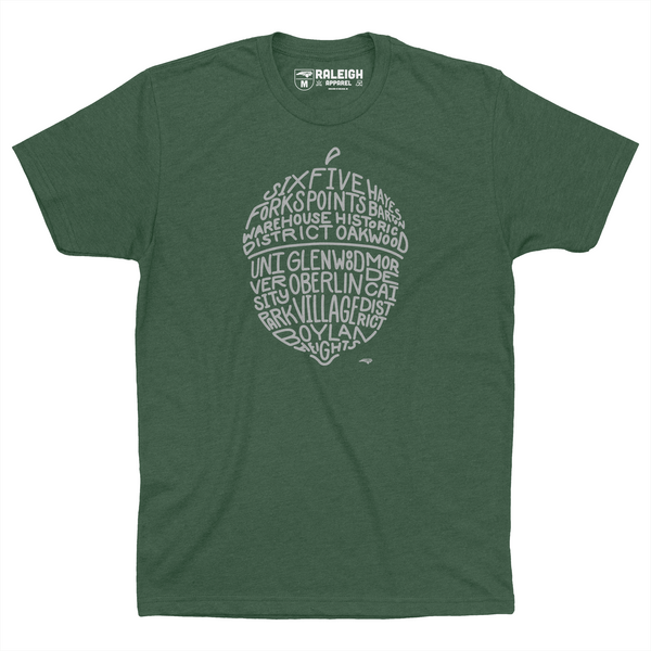 Heather forest green t-shirt with gray colored acorn on chest that spells out different neighborhoods in Raleigh.