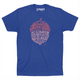 Royal blue t-shirt with salmon colored acorn on chest that spells out different neighborhoods in Raleigh.
