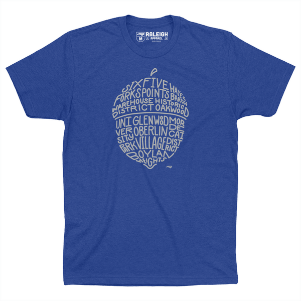 Royal blue t-shirt with gray colored acorn on chest that spells out different neighborhoods in Raleigh.
