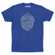 Royal blue t-shirt with gray colored acorn on chest that spells out different neighborhoods in Raleigh.