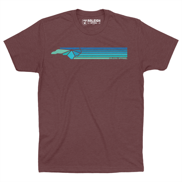Maroon colored t-shirt with Raleigh Apparel logo in cool colors followed by colorways across the chest.