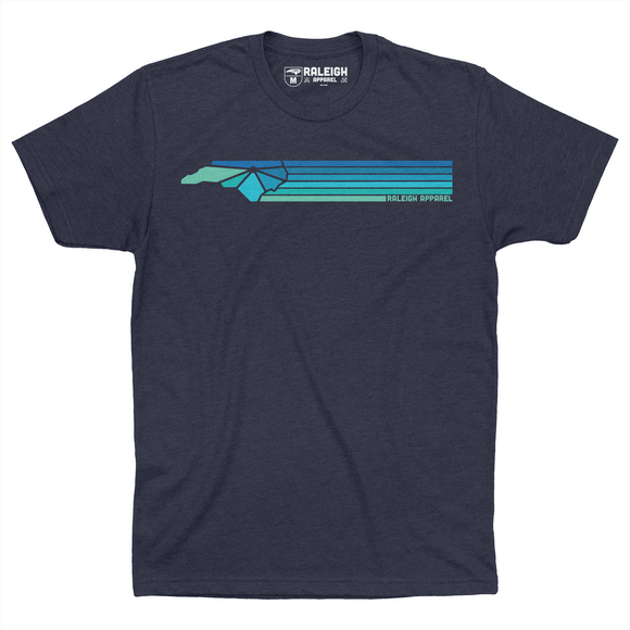 Midnight Navy colored t-shirt with Raleigh Apparel logo in cool colors followed by colorways across the chest.