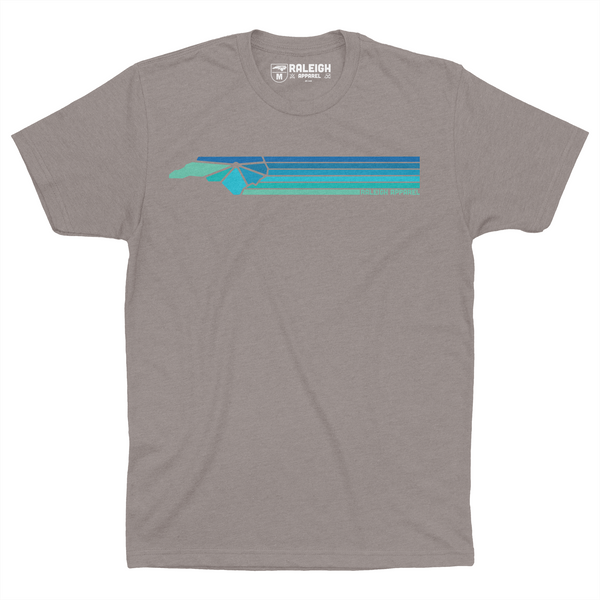 Stone gray colored t-shirt with Raleigh Apparel logo in cool colors followed by colorways across the chest.