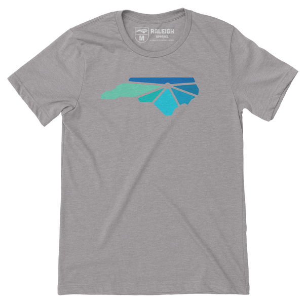 Dark Heather gray colored t-shirt with Raleigh Apparel logo on chest in cool colors. 