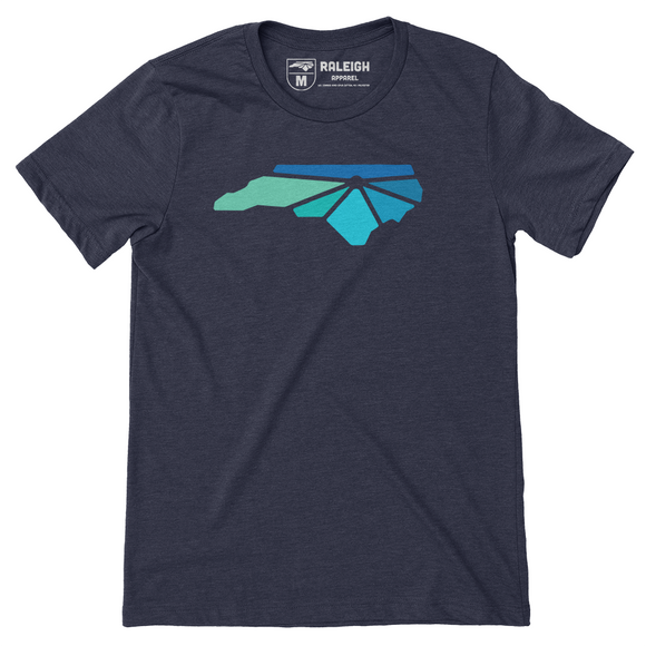 Midnight navy colored t-shirt with Raleigh Apparel logo on chest in cool colors. 