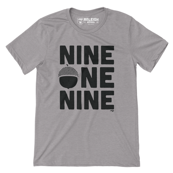 Heather gray colored shirt that says nine one nine across the chest in large black print. An acorn has replaced the O in one.