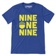 Royal blue colored shirt that says nine one nine across the chest in large yellow print. An acorn has replaced the O in one.