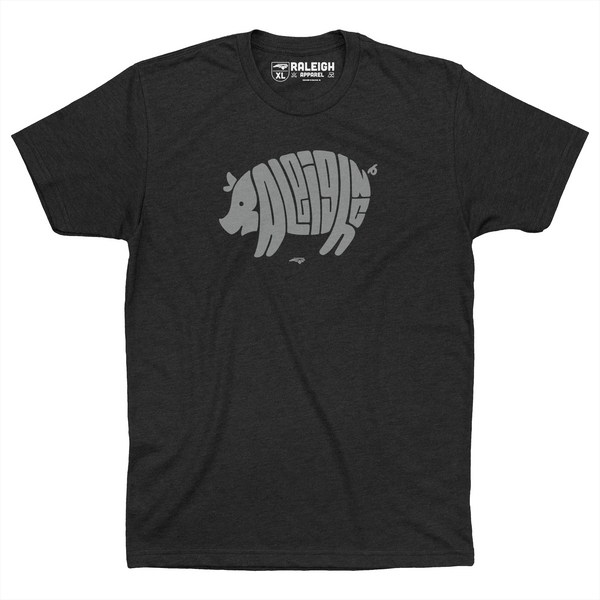 Black t-shirt spelling out Raleigh in gray color in shape of a pig