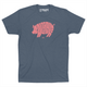 Indigo colored t-shirt spelling out Raleigh in salmon color in shape of a pig