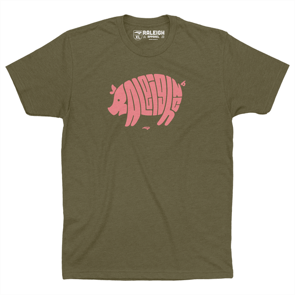 Military green colored t-shirt spelling out Raleigh in salmon color in shape of a pig