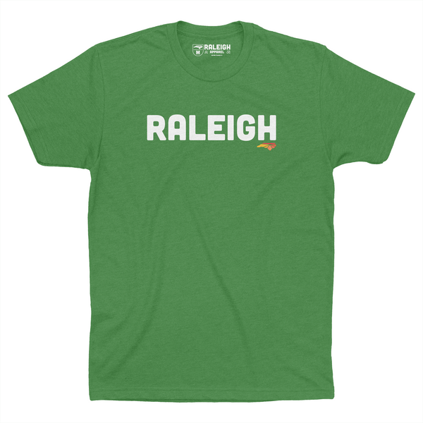 Kelly green t-shirt that says Raleigh in white capital letters across the chest. 