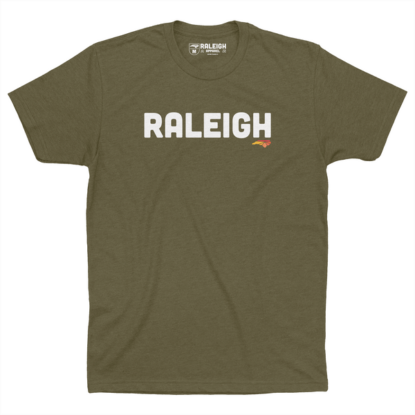 Military green t-shirt that says Raleigh in white capital letters across the chest. 