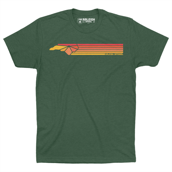 Forest green colored t-shirt with Raleigh Apparel logo in warm colors followed by colorways across the chest.