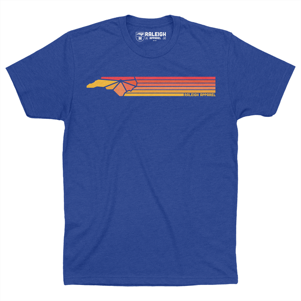 Royal blue colored t-shirt with Raleigh Apparel logo in warm colors followed by colorways across the chest.