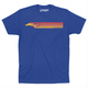 Royal blue colored t-shirt with Raleigh Apparel logo in warm colors followed by colorways across the chest.