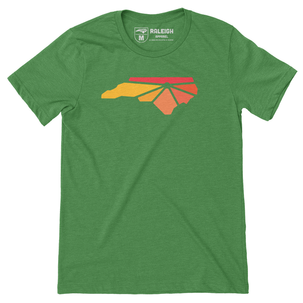 Kelly green colored t-shirt with Raleigh Apparel logo on chest in warm colors. 