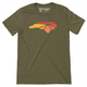 Military green colored t-shirt with Raleigh Apparel logo on chest in warm colors. 