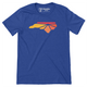 Royal blue colored t-shirt with Raleigh Apparel logo on chest in warm colors. 