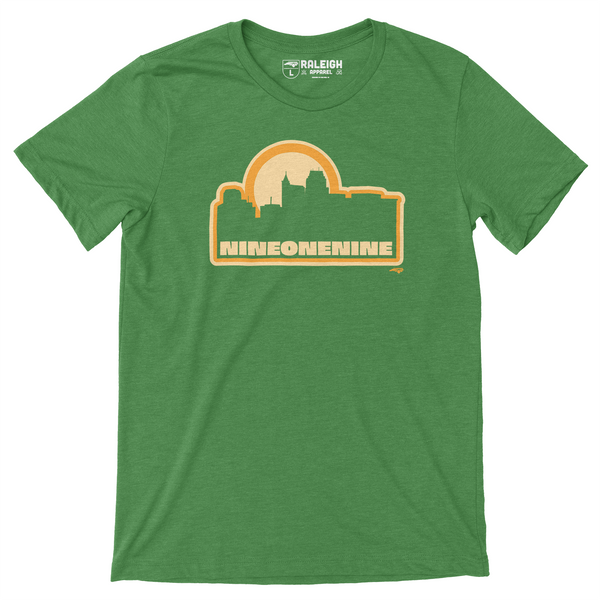 Kelly green t-shirt with outline of Raleigh skyline in yellow, with nine one nine written in yellow under skyline.