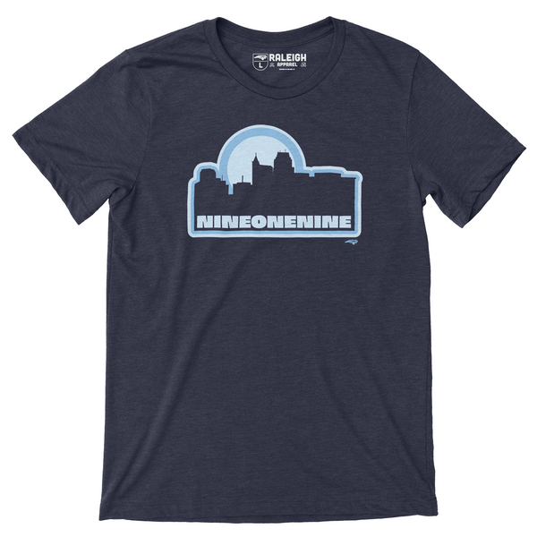 Midnight navy t-shirt with outline of Raleigh skyline in light blue, with nine one nine written in light blue under skyline.