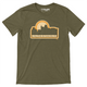 Military green t-shirt with outline of Raleigh skyline in yellow, with nine one nine written in yellow under skyline.