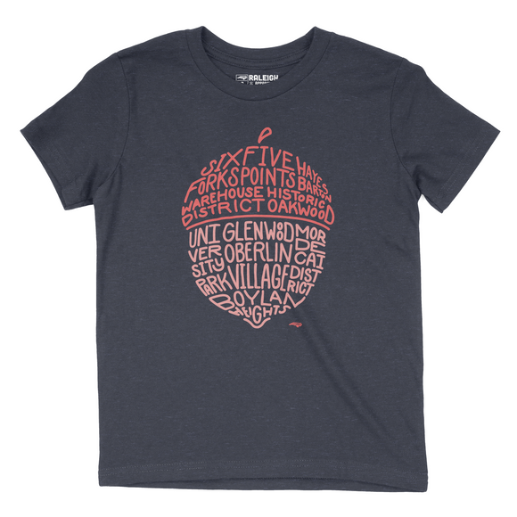 Heather navy colored youth t-shirt with salmon colored acorn on chest that spells out different neighborhoods in Raleigh.