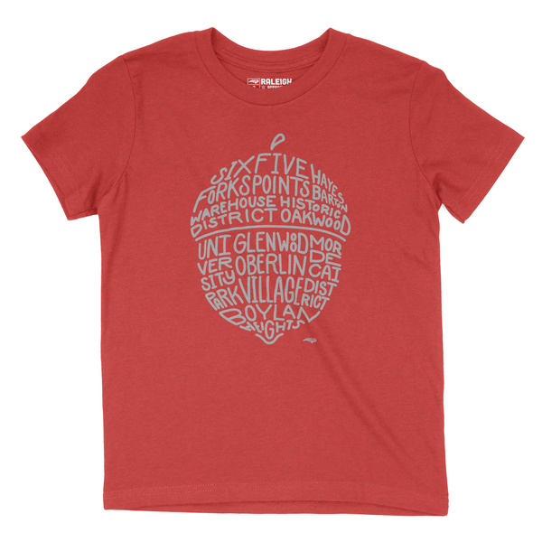 Heather red colored youth t-shirt with grey colored acorn on chest that spells out different neighborhoods in Raleigh.