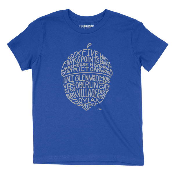 Royal blue colored youth t-shirt with grey colored acorn on chest that spells out different neighborhoods in Raleigh.