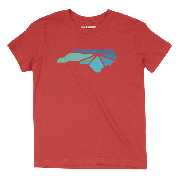 Heather red youth t-shirt with Raleigh Apparel logo on chest in cool colors. 