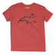 Youth t-shirt in Heather red with state of North Carolina shaped out of a branches with an acorn hanging over Raleigh.