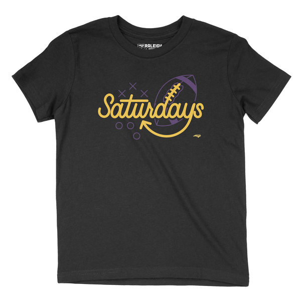 Heather black youth t-shirt with the word Saturdays in yellow and purple football behind the letters  D A Y S